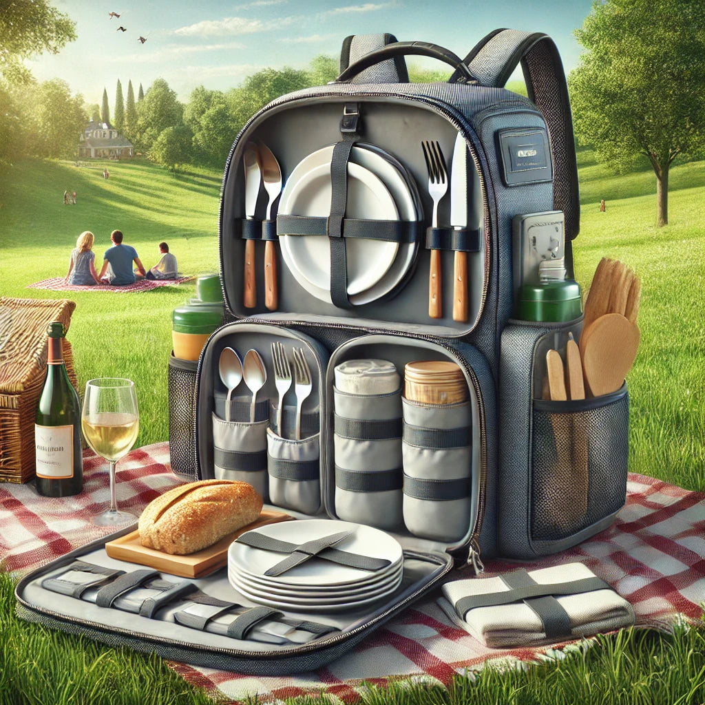 Sac à dos de pique-nique pour 4 personnes avec compartiments pour vaisselle, bouteilles et couverture, présenté en extérieur dans un parc verdoyant.