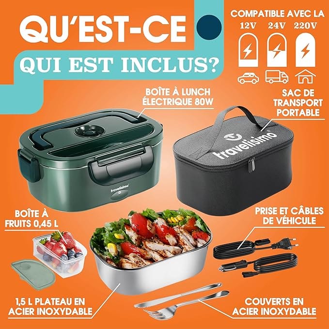 Gamelle Chauffante 80W 1.5L, Lunch Box Électrique 3 en 1 (12V/24V/220V) Amazon