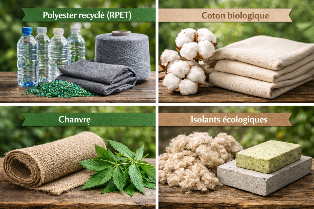 matériaux pour un sac isotherme écologique : polyester recyclé, coton biologique, chanvre et isolants responsables