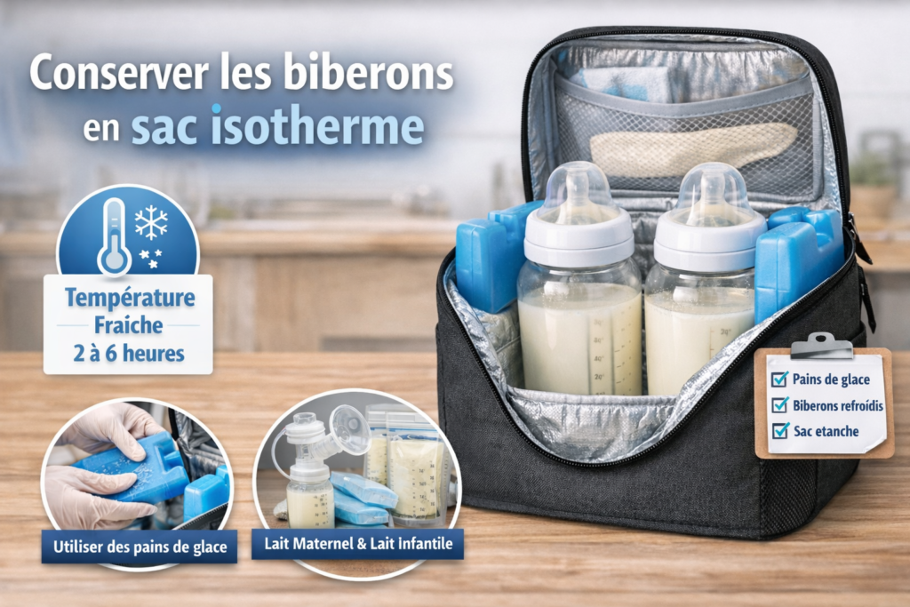 sac isotherme pour bébé avec biberons et pains de glace pour conserver le lait au frais