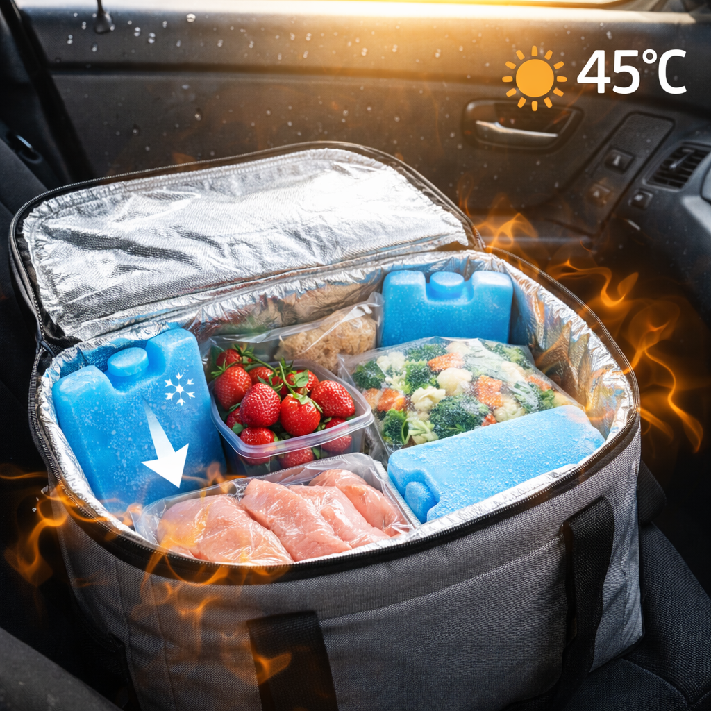sac isotherme dans une voiture chaude en été+