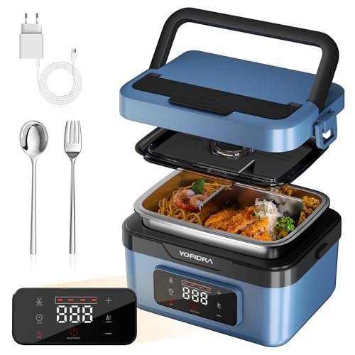 Yofidra Gamelle Chauffante 1,5L, Lunch Box avec Batterie | Écran Digital | IPX4 Étanche | Chauffage 15-30min & Minuterie | 10000mAh Rechargeable | avec Sac Isotherme et Couverts