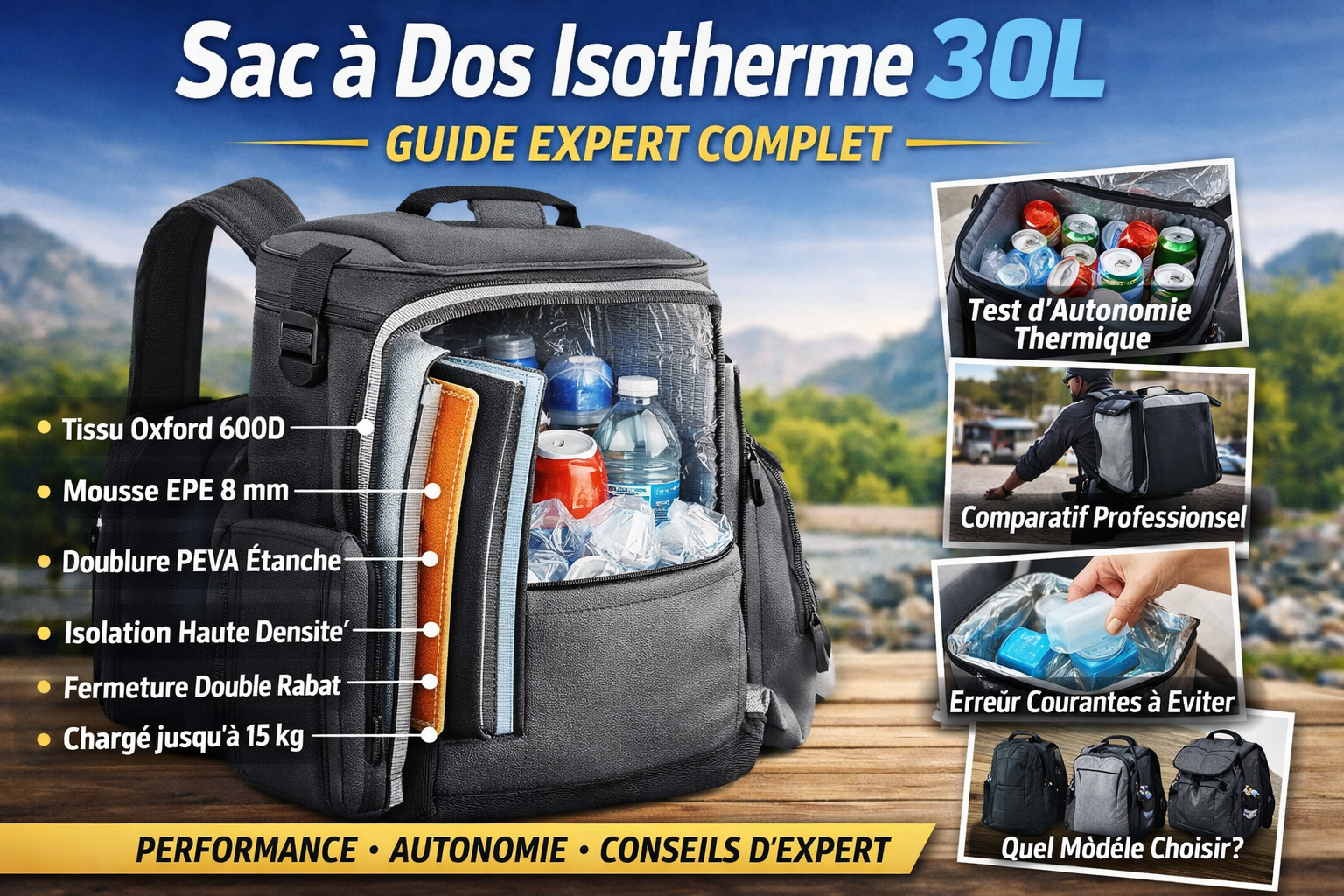Sac à dos isotherme 30L haute performance avec isolation thermique renforcée et grande capacité pour pique-nique, livraison et camping