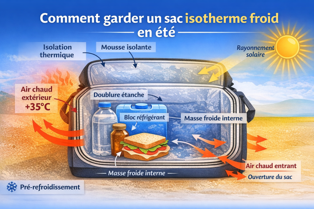 Schéma expliquant comment garder un sac isotherme froid toute la journée en été