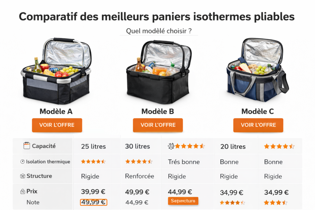 Comparatif des meilleurs paniers isothermes pliables avec capacité, isolation et prix pour choisir le meilleur modèle