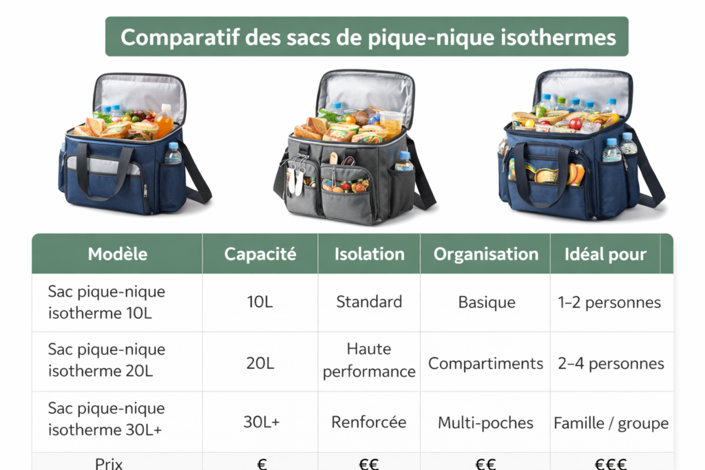 Comparatif des sacs de pique-nique isothermes selon capacité, isolation et usage