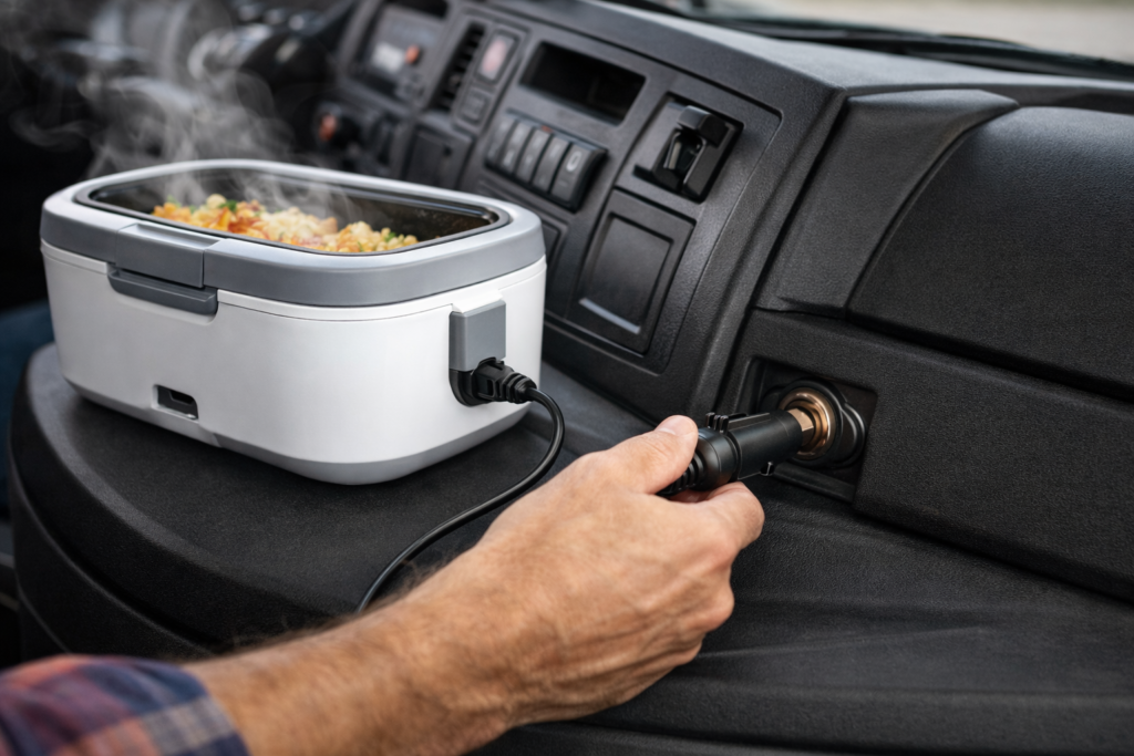 gamelle chauffante 12V branchée sur prise allume-cigare dans une voiture pour réchauffer un repas