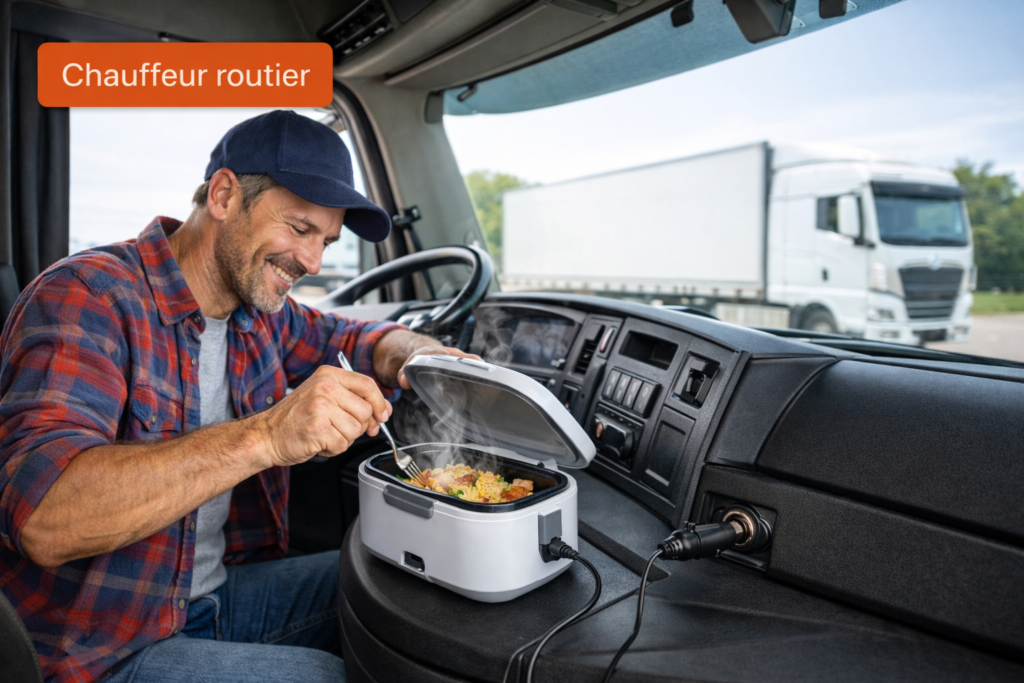 gamelle chauffante 12V utilisée par un chauffeur routier dans un camion pour réchauffer un repas