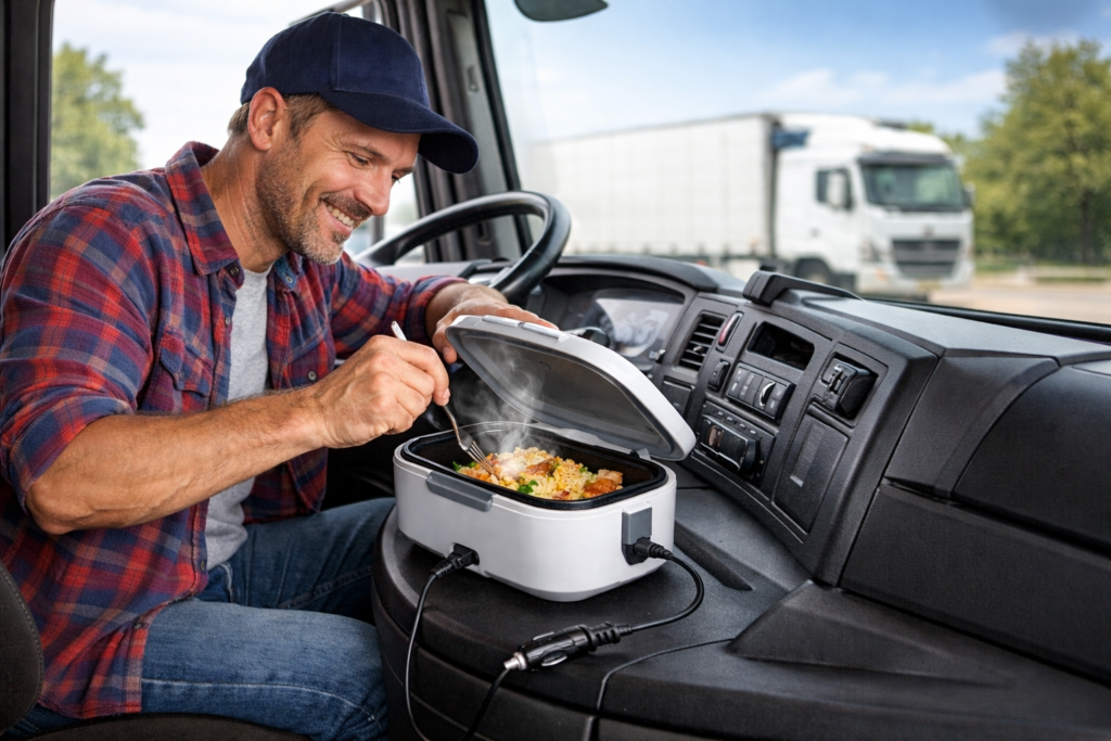 gamelle chauffante 12V branchée sur prise allume-cigare dans une voiture pour réchauffer un repas