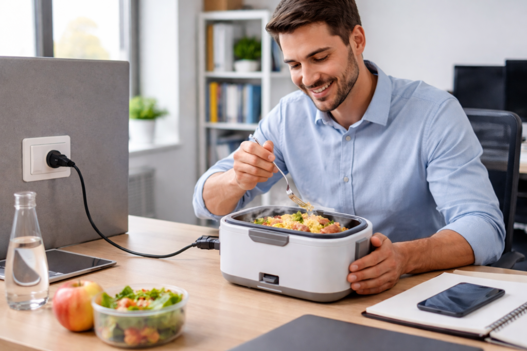gamelle chauffante 220V utilisée au bureau pour réchauffer un repas chaud au travail