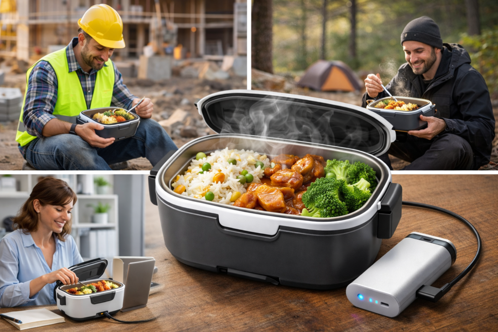 gamelle chauffante batterie rechargeable utilisée sur chantier et en déplacement