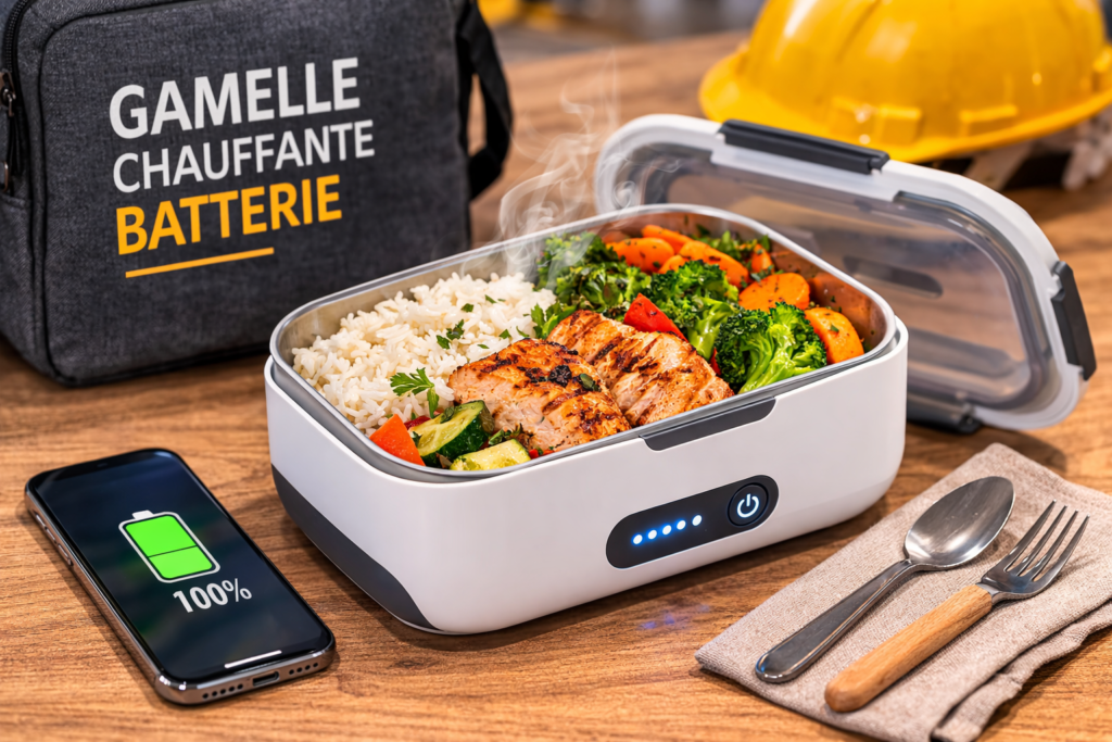 Gamelle chauffante batterie rechargeable permettant de réchauffer un repas chaud sans prise électrique.