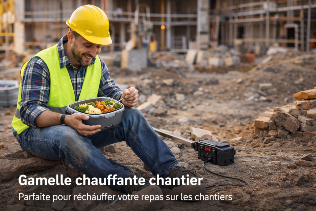 gamelle chauffante chantier utilisée par un ouvrier pour réchauffer son repas sur un chantier