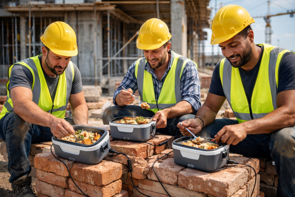 ouvriers BTP mangeant repas chaud avec gamelle chauffante chantier