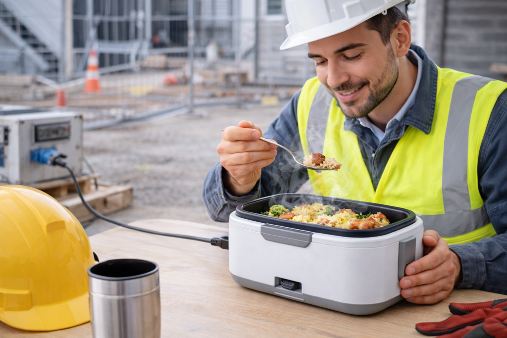 gamelle chauffante utilisée sur un chantier pour réchauffer un repas chaud au travail