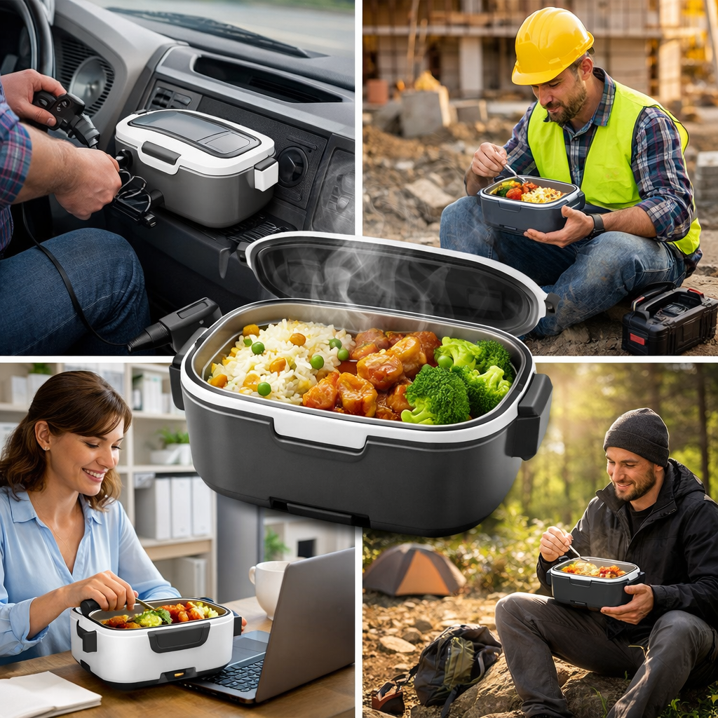 gamelle chauffante utilisée au travail, sur chantier et en voiture pour réchauffer un repas
