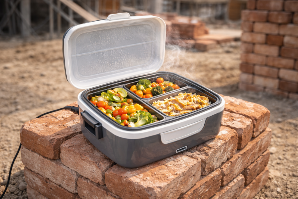 lunch box chantier chauffante avec repas chaud sur chantier