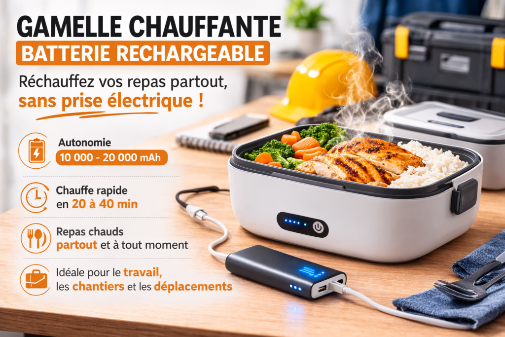 Lunch box chauffante batterie utilisée sur chantier pour réchauffer un repas chaud.