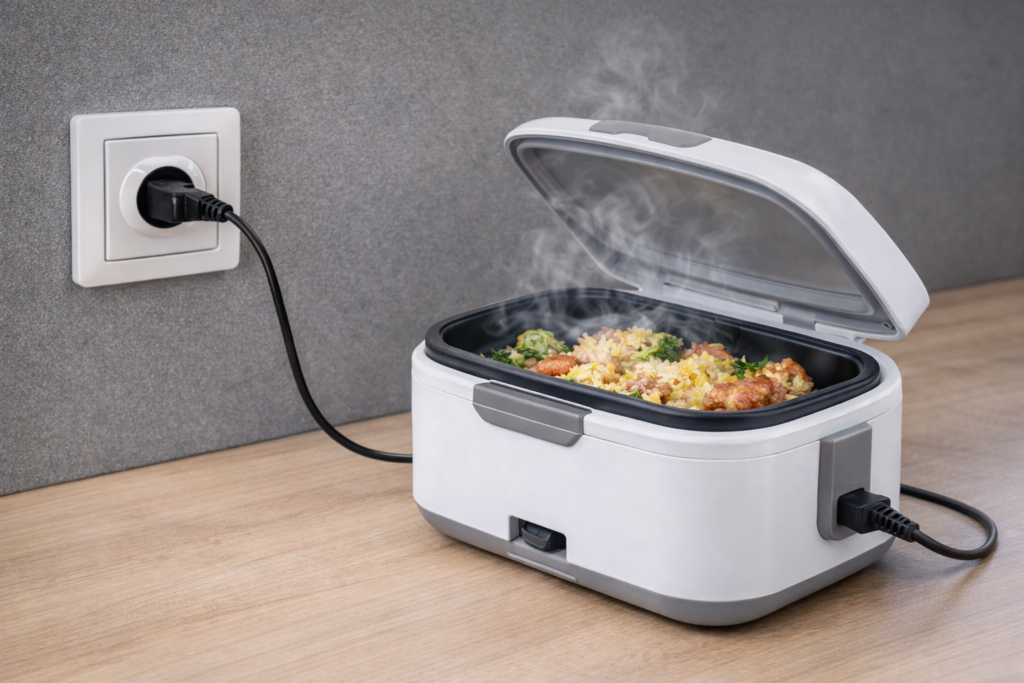 lunch box électrique 220V branchée sur prise secteur pour réchauffer un repas au travail