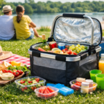 Panier isotherme pliable avec aliments frais et boissons pour pique-nique et transport de courses
