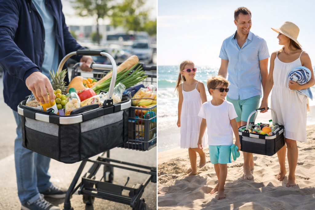 Panier isotherme pliable utilisé pour courses et sortie plage avec aliments et boissons conservés au frais