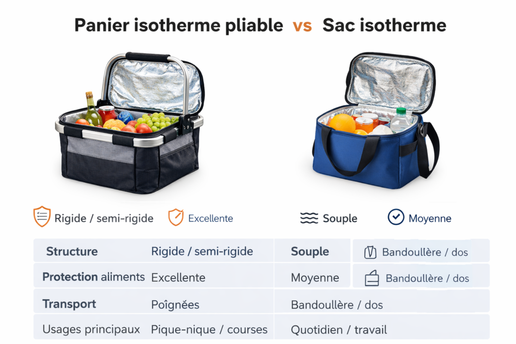 Comparatif panier isotherme pliable vs sac isotherme avec différences de structure, isolation et usage