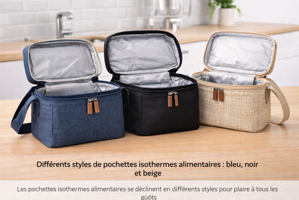 pochettes isothermes alimentaires différents modèles bleu noir beige