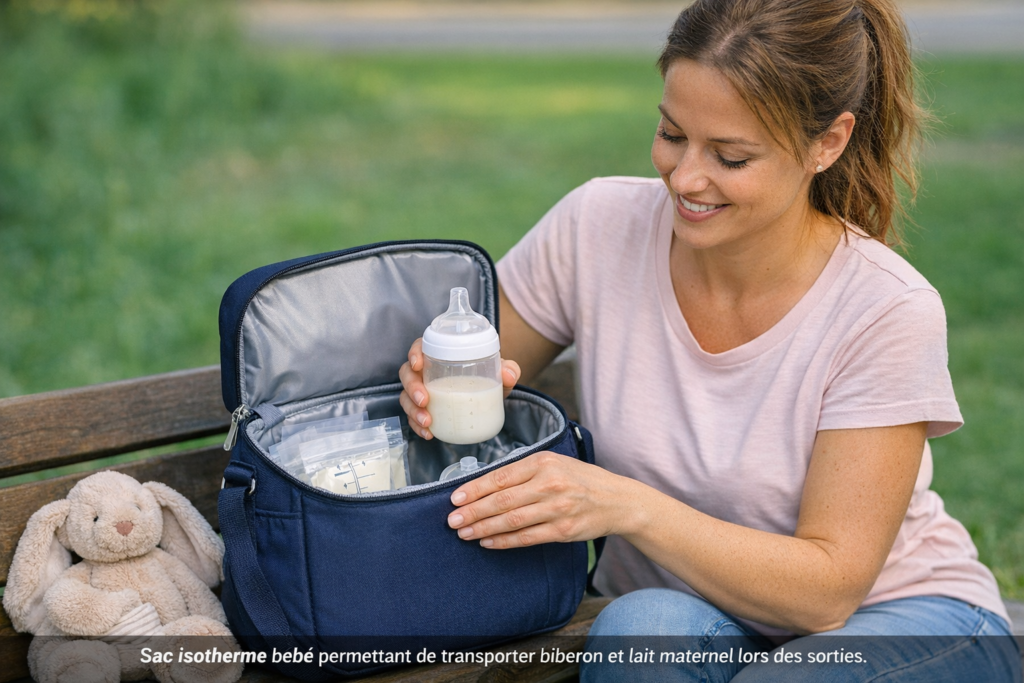 Sac isotherme bébé avec biberon et lait maternel pour sortie