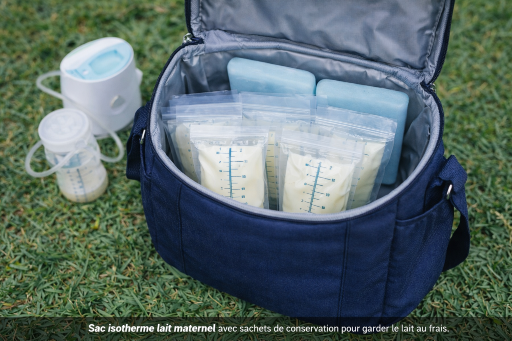 Sac isotherme lait maternel avec sachets de conservation et blocs froids
