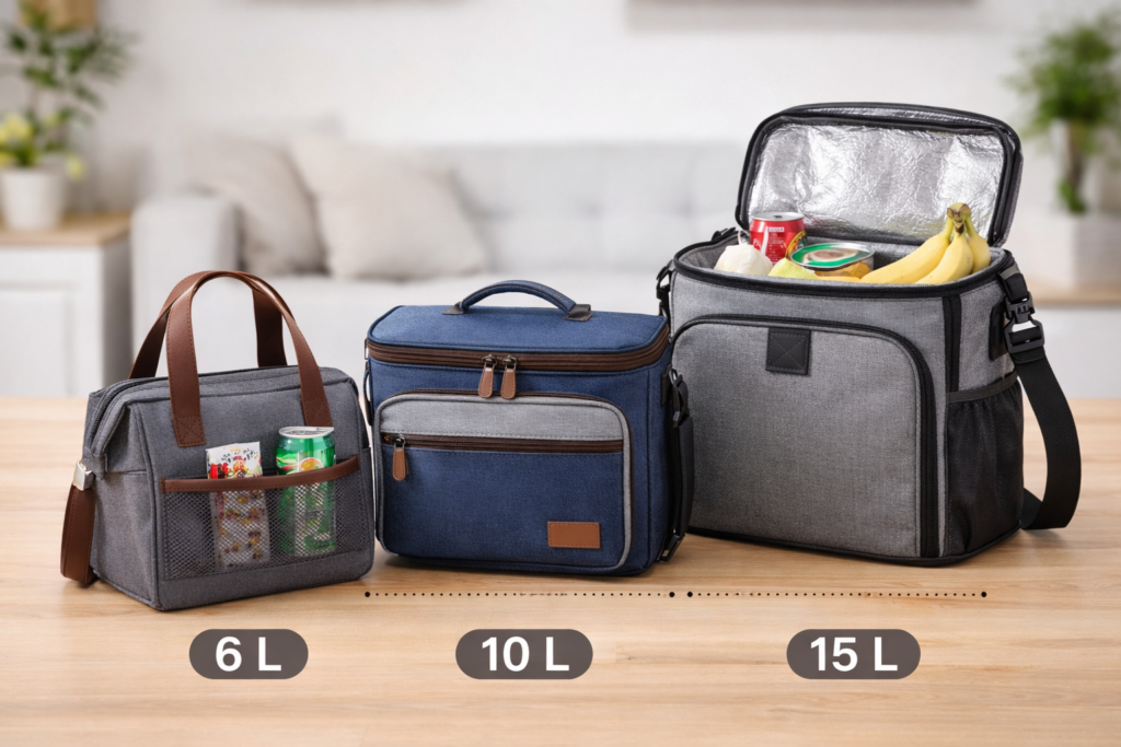 comparaison sac isotherme repas 6L 10L 15L avec lunch box et boissons