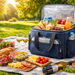 Sac de pique-nique isotherme avec aliments et boissons lors d’un pique-nique en extérieur