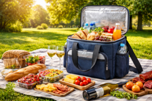 Sac de pique-nique isotherme avec aliments et boissons lors d’un pique-nique en extérieur