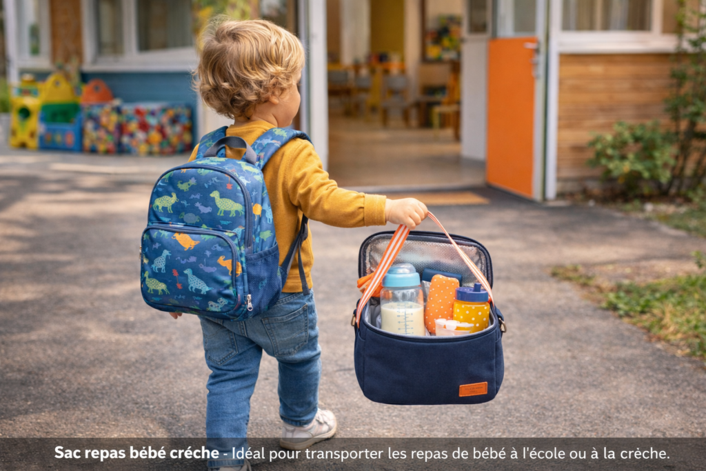 Sac repas bébé pour crèche avec biberon et petit pot dans un sac isotherme