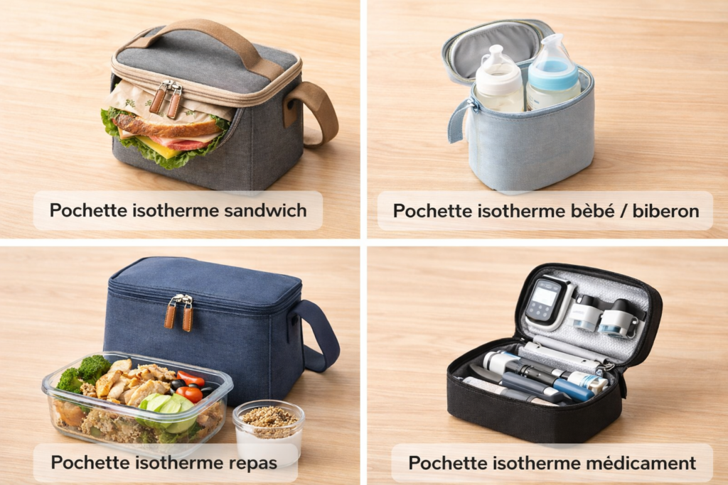 différents types de pochettes isothermes repas bébé sandwich médicament