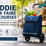 Caddie pour faire les courses isotherme avec roulettes rempli de produits alimentaires frais