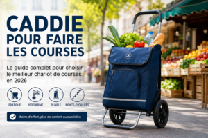 Caddie pour faire les courses isotherme avec roulettes rempli de produits alimentaires frais