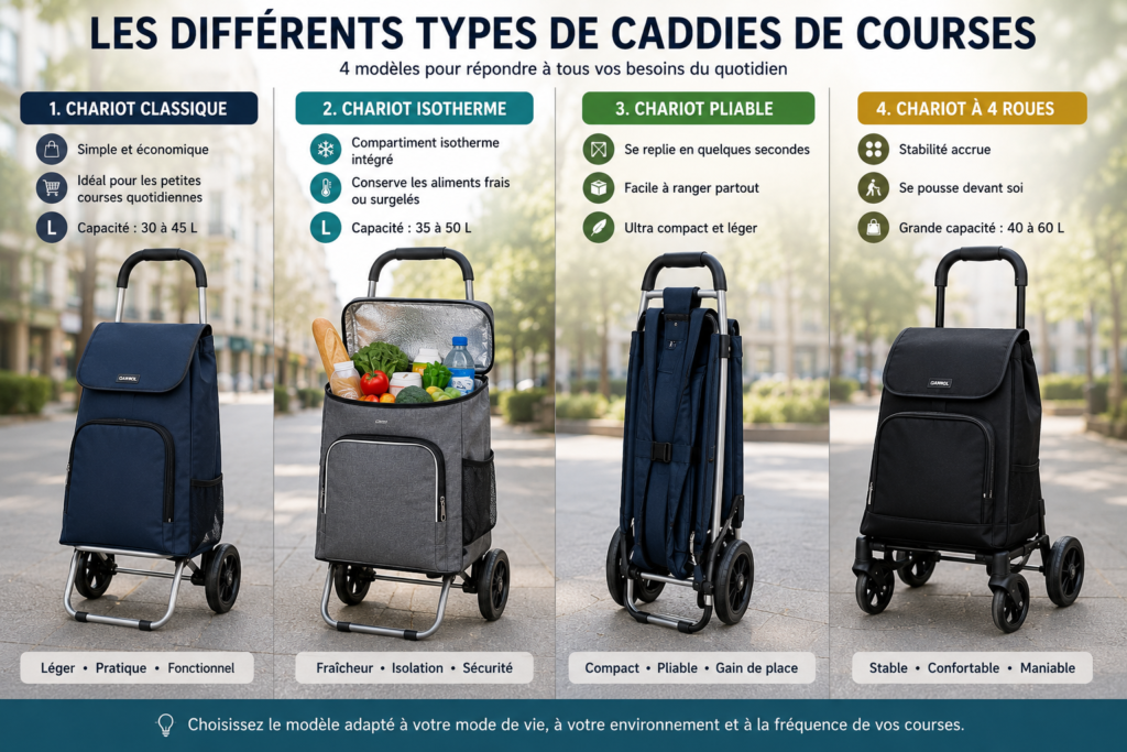 Comparatif des différents types de chariots de courses classique, isotherme, pliable et à 4 roues
