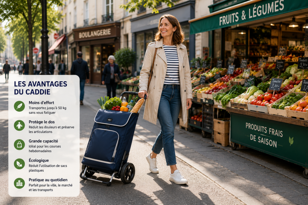Femme utilisant un caddie pour faire les courses sur un marché en France