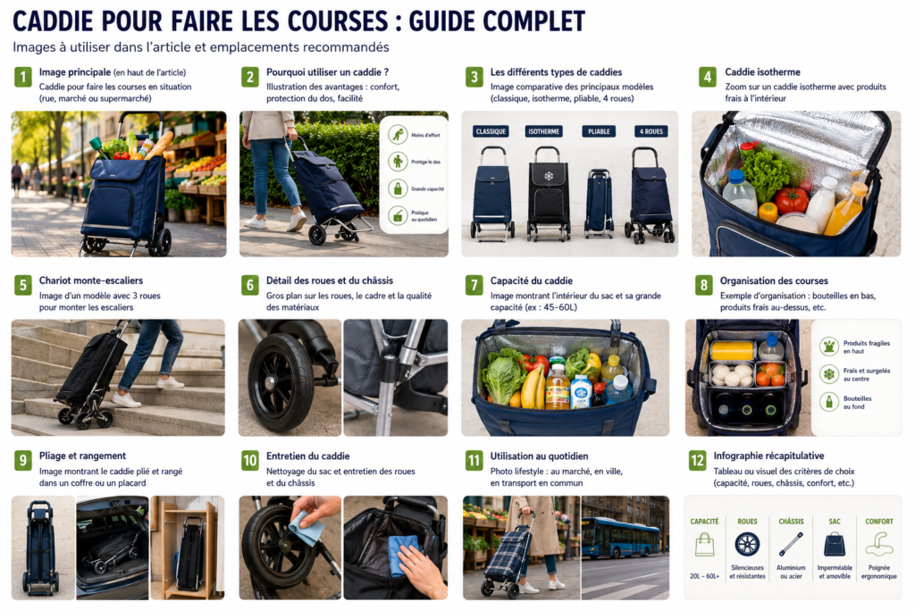 Caddie pour faire les courses isotherme rempli de produits frais sur un marché français